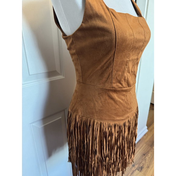 Trixxi Faux Suede Fringe Mini Dress Medium Western Boho Festival Cowgirl Brown - Picture 4 of 10